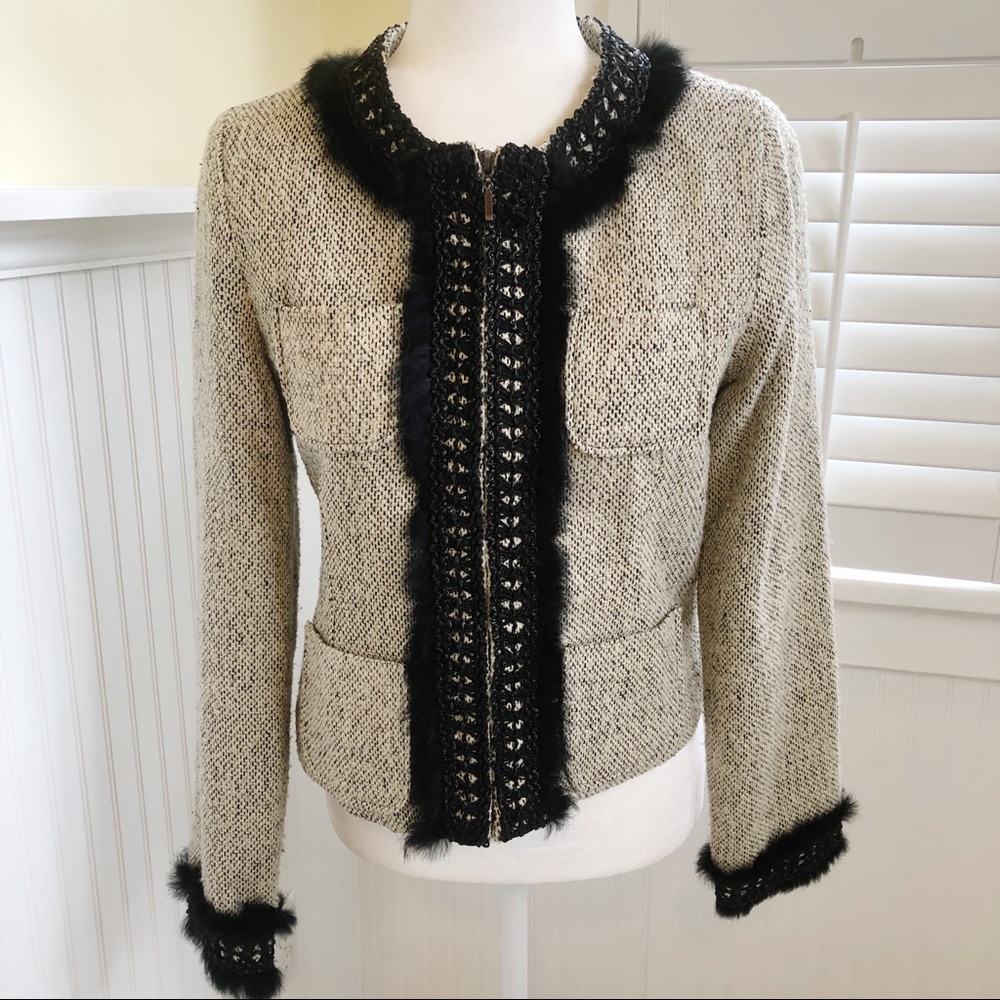 Anne Carson Silk Blend Feather Trim Tweed Blazer S